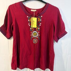 Embroidered Boho Blouse, Short Sleeve, Tassel Tie